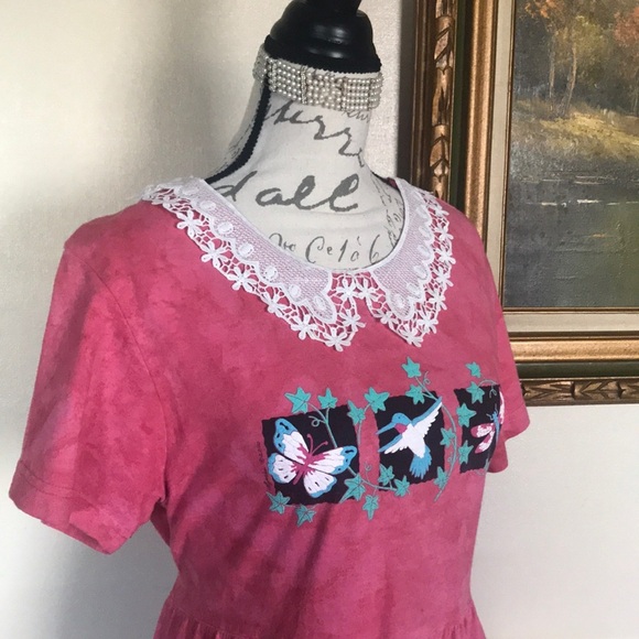Rare Pink Tie Dye Hummingbird Lace Collar Dress M - Picture 14 of 15